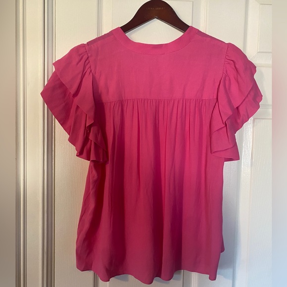 A Loves A Women Pink Tasseled Ruffle Layered Short Sleeve V-Neck Top Blouse L - Picture 10 of 15